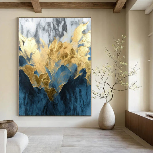 Blue and Gold Leaf Abstract Art for Living Room & Bedroom DLZ0442