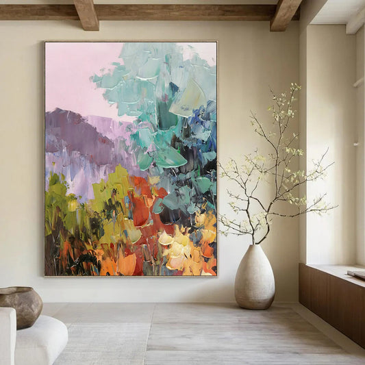 Pink - Purple Landscape Oil Painting for Bohemian Bedroom & Floral Tea Room DLZ1285