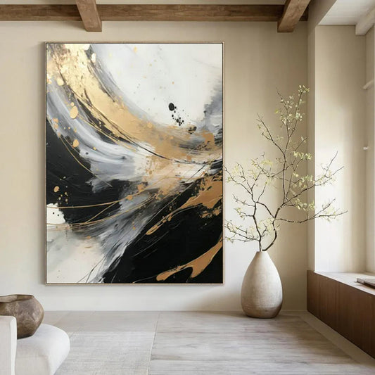 Black - Gold - Silver Abstract Art for Trendy Nightclub & Modern Home Office DLZ1732