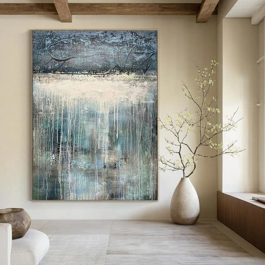 Blue - White Drip Abstract Art for Bohemian - Style Gallery & Serene Meditation Room DLZ0764