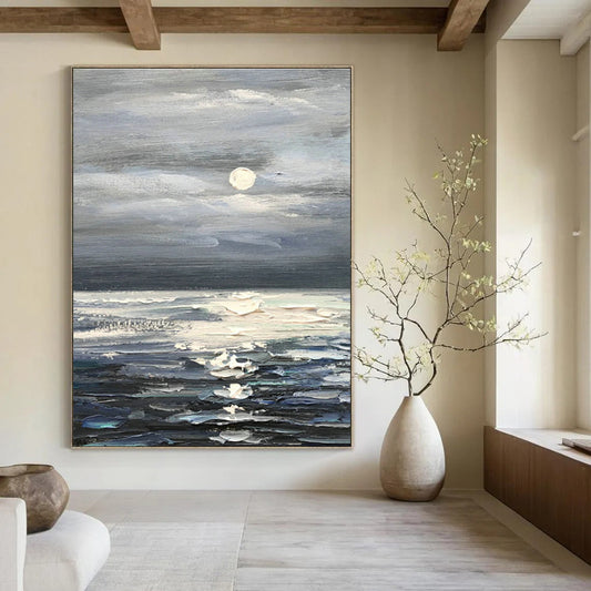Moonlit Sea Oil Painting for Beachfront Bedroom & Nautical - Themed Lounge DLZ1300