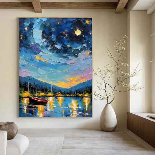 Starry Night Boat Scene Oil Art for Living Room & Cottages DLZ0302