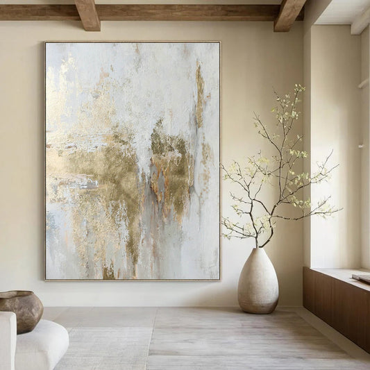 White and Gold Abstract Textured Art for Coastal Villa Bedroom & Upscale Spa Retreat DLZ1013