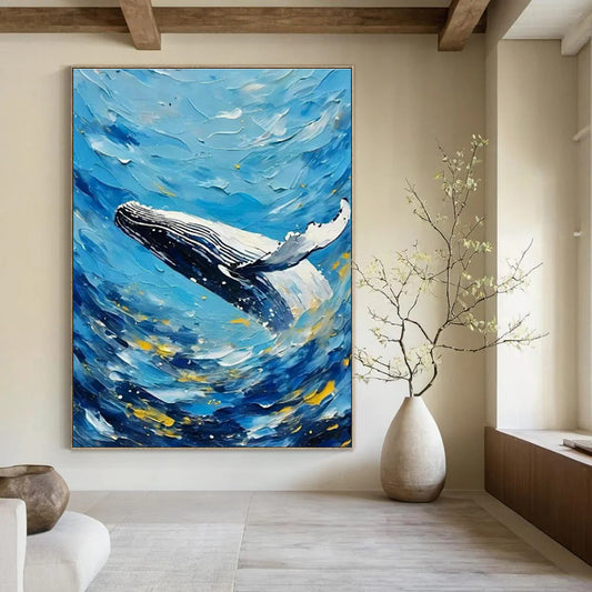 Blue Sea Whale Oil Art for Coastal Home Living Rooms & Beach House Guest Suites DLZ0292