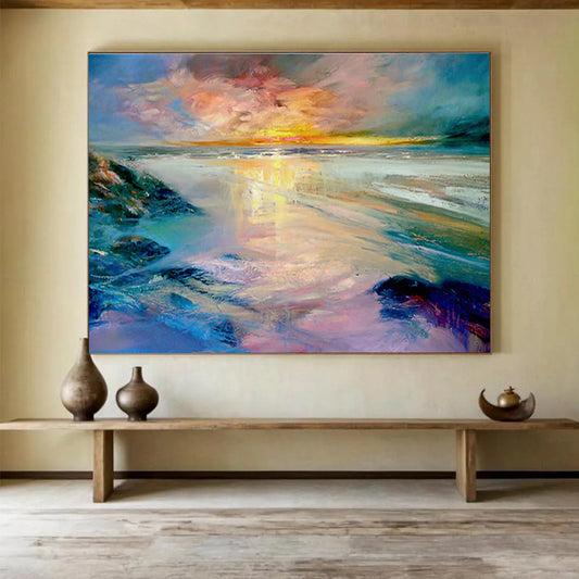 Beach Sunset Oil Painting for Coastal Home Living Room Fireplaces DLZ2597