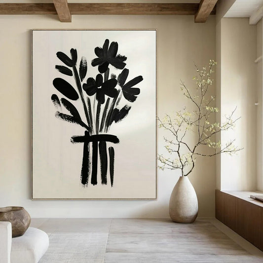 Black Floral Bouquet Art for Minimalist Dining Room & Monochrome Retail Store DLZ0698