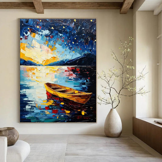 Starry Night Boat on Lake for Romantic Bedroom & Art Gallery Exhibition STSC877