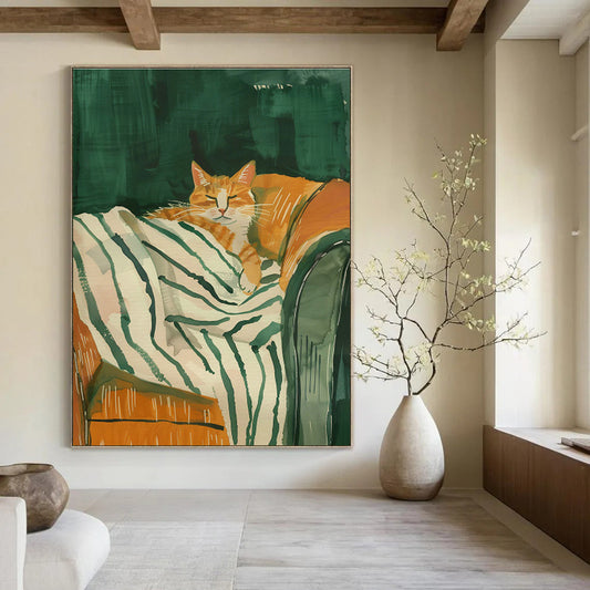 Orange Cat on Striped Blanket Art for Pet - Lover’s Bedroom & Cat Café DLZ0702