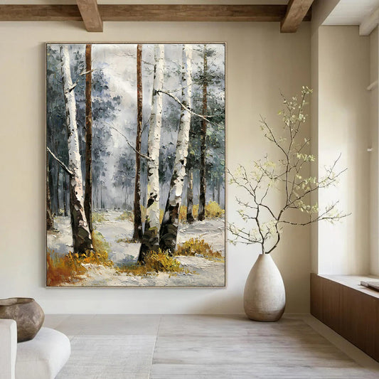 Birch Forest in Snow Oil Painting for Nordic - Style Home & Ski Resort Lobby DLZ1283