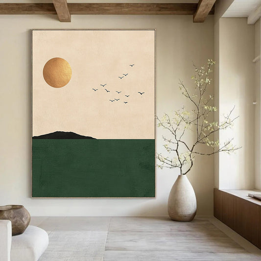Golden Sun, Birds, and Green Sea Art for Coastal Home Living Area & Wellness Retreat STSC1338