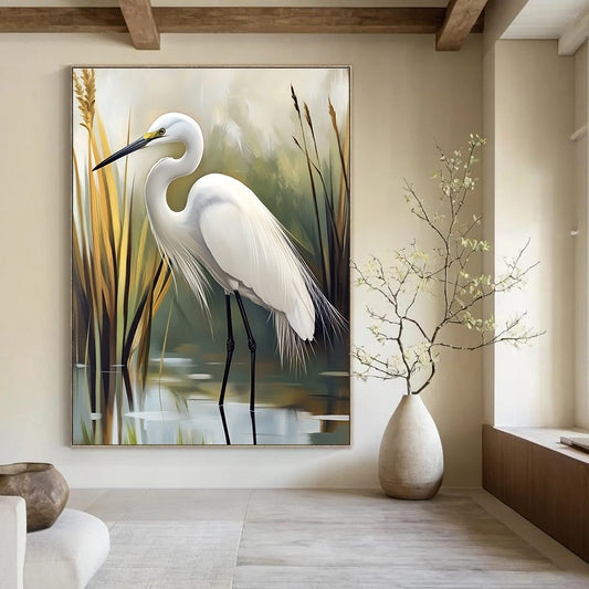 White Egret in Reed Bed for Coastal Home Living Room & Bird - Watching Club STSC1293
