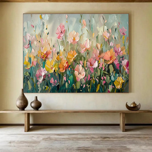 Soft - Toned Flower Field Oil Painting for Serene Bedroom Retreats DLZ3093