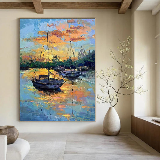Sunset Sailboats Oil Art for Living Room & Cottages DLZ0321