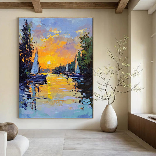 Sunset Sailboats on River Art for Riverside Restaurant & Relaxing Home Balcony STSC1419