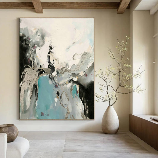 Silver - Blue Ink Abstract Art for Living Room & Home Office DLZ0555