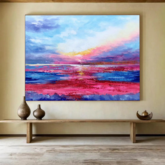 Pink - Purple Seaside Oil Painting for Relaxing Beach House Bedrooms DLZ2671