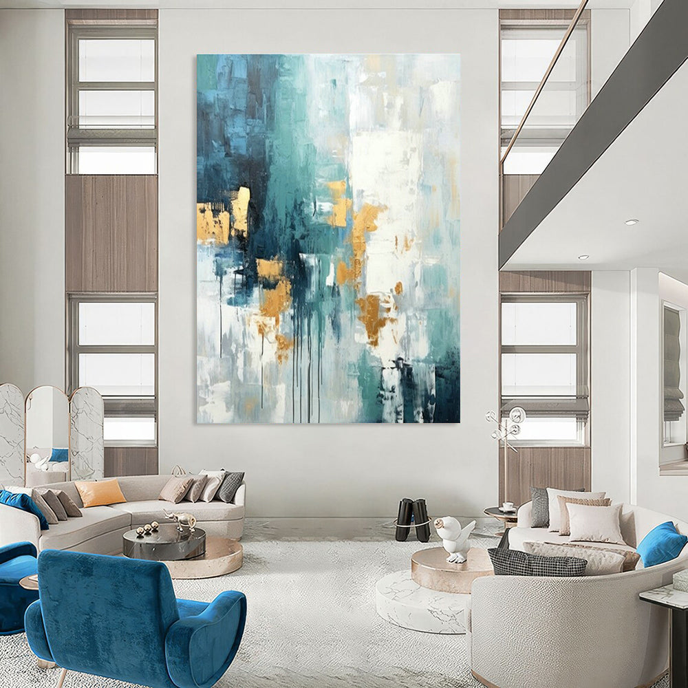 Blue - Gold Abstract Art for Coastal Luxury Home & High - End Art Lounge DLZ1936