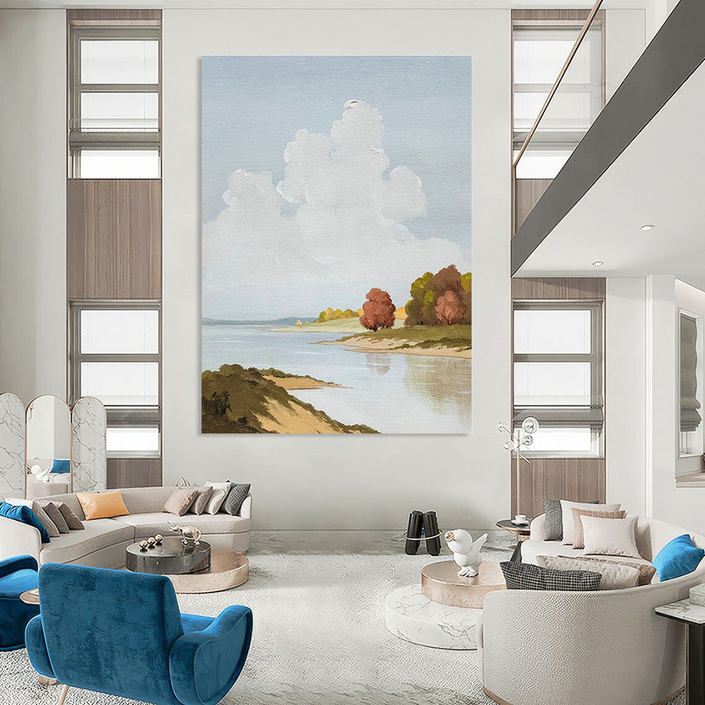 Riverbank Cloudscape Art for Lakeside Home Study & Serene Spa DLZ2136