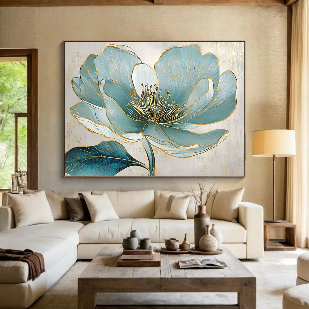 Blue Flower with Gold Accents Art for Luxury Home Bedroom & High - End Spa SC423