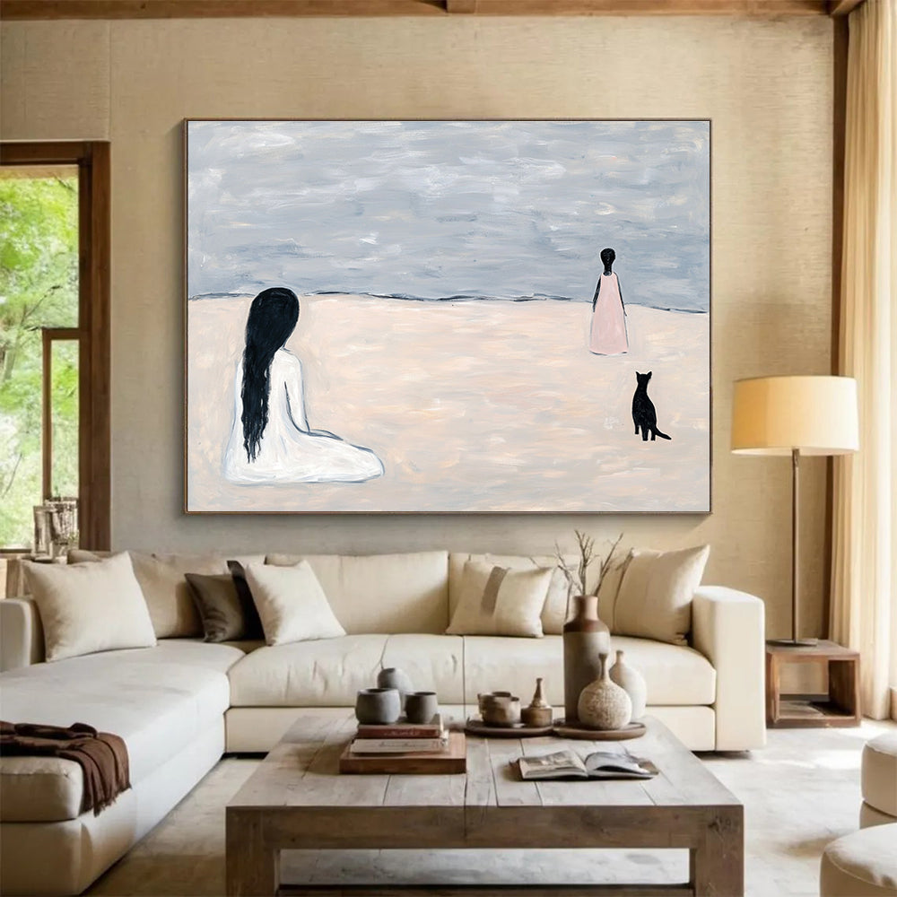 Figure and Cat on Beach Art for Coastal Home Bedroom & Intimate Reading Nook SC468