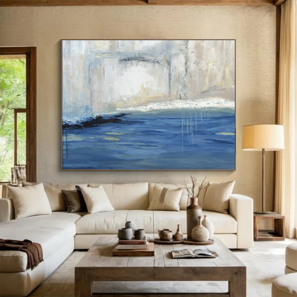 Serene Blue - White Waterfall Abstract Painting for a Peaceful and Focused Study Sanctuary DLZ2786