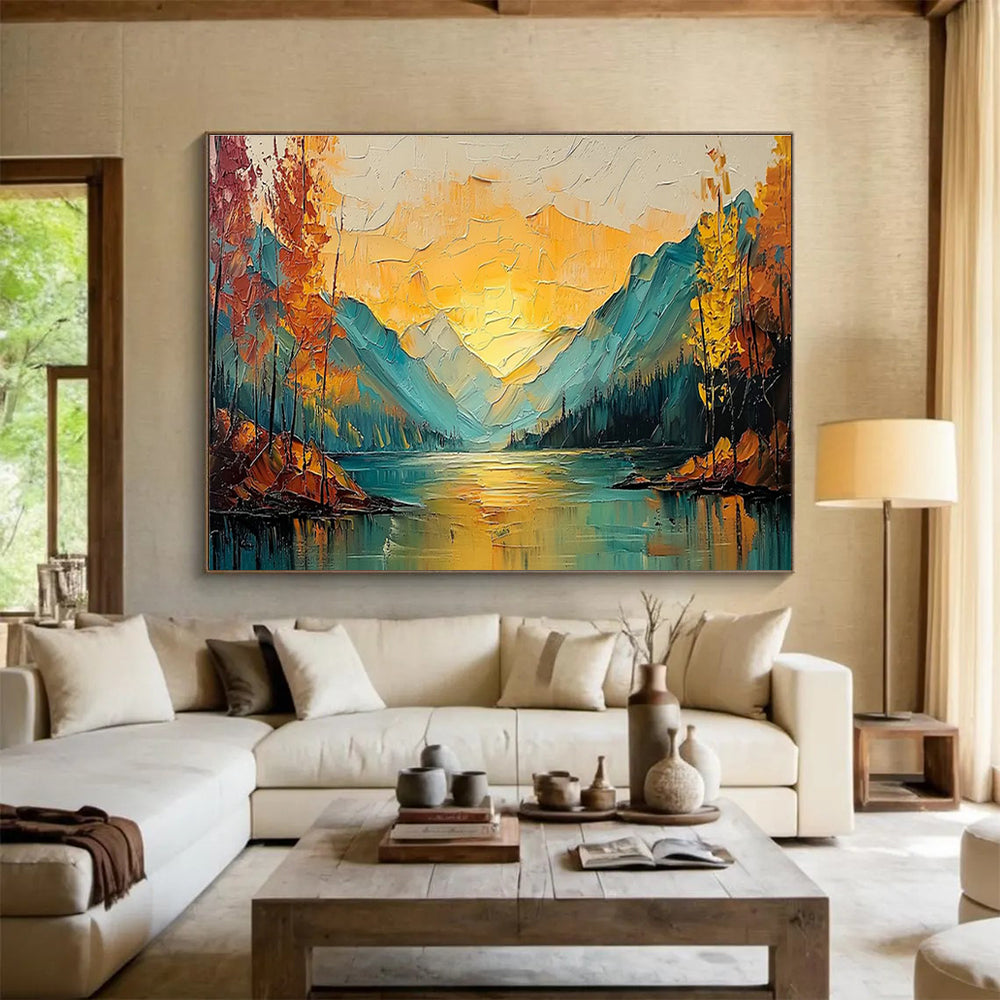 Textured Mountain & Lake Sunset Art for Adventure Lodge Communal Spaces DLZ3245