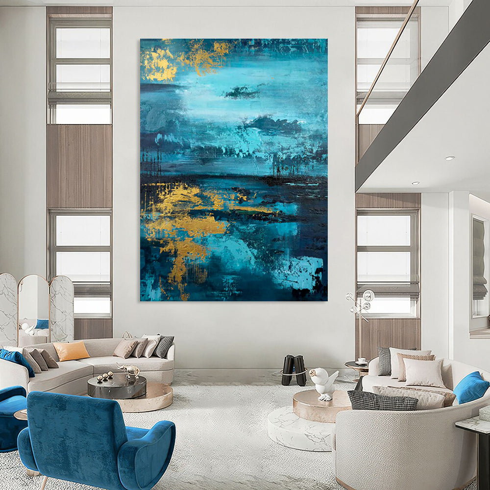 Blue and Gold Waterscape Art for Luxury Living Room & Elegant Hotel Lobby DLZ0740