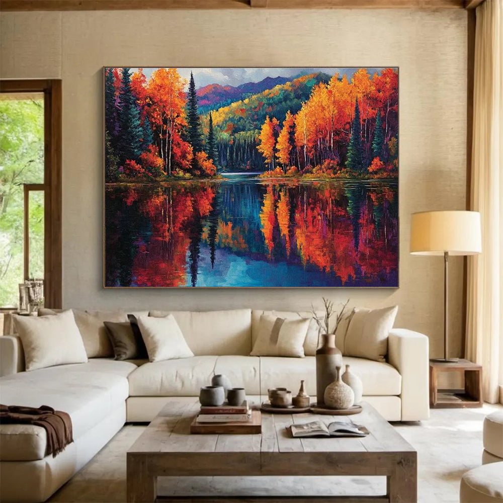 Autumn Lake Reflection Art for Mountain Lodge Living Rooms DLZ3202