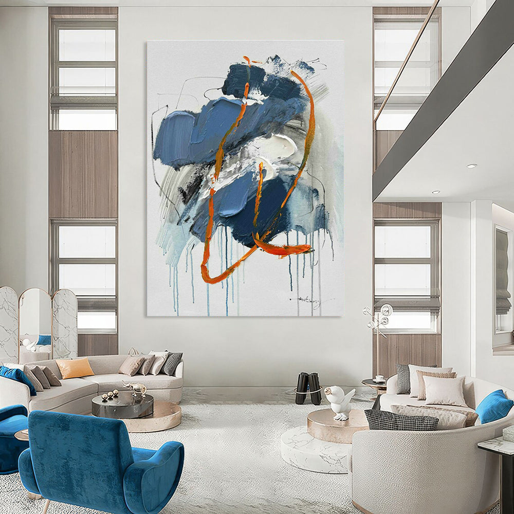 Blue - Orange Drip Abstract Art for Creative Studio & Trendy Rooftop Bar DLZ0818