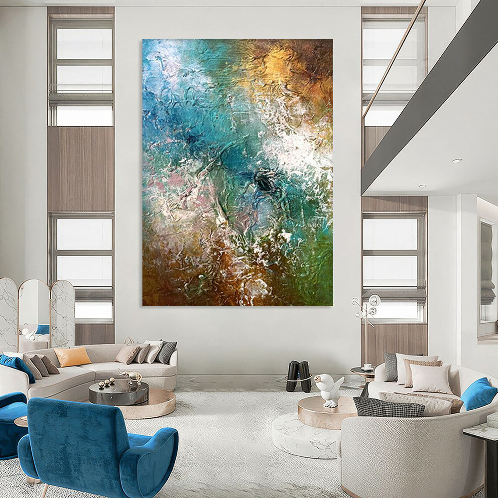 Blue - Green - Gold Abstract Art for Tropical - Themed Resort Spa Relaxation Rooms DLZ0006