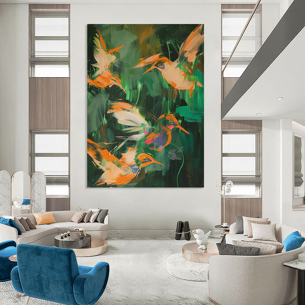 Orange Birds in Jungle Abstract Art for Tropical Resort & Nature - Lover’s Bedroom DLZ0681