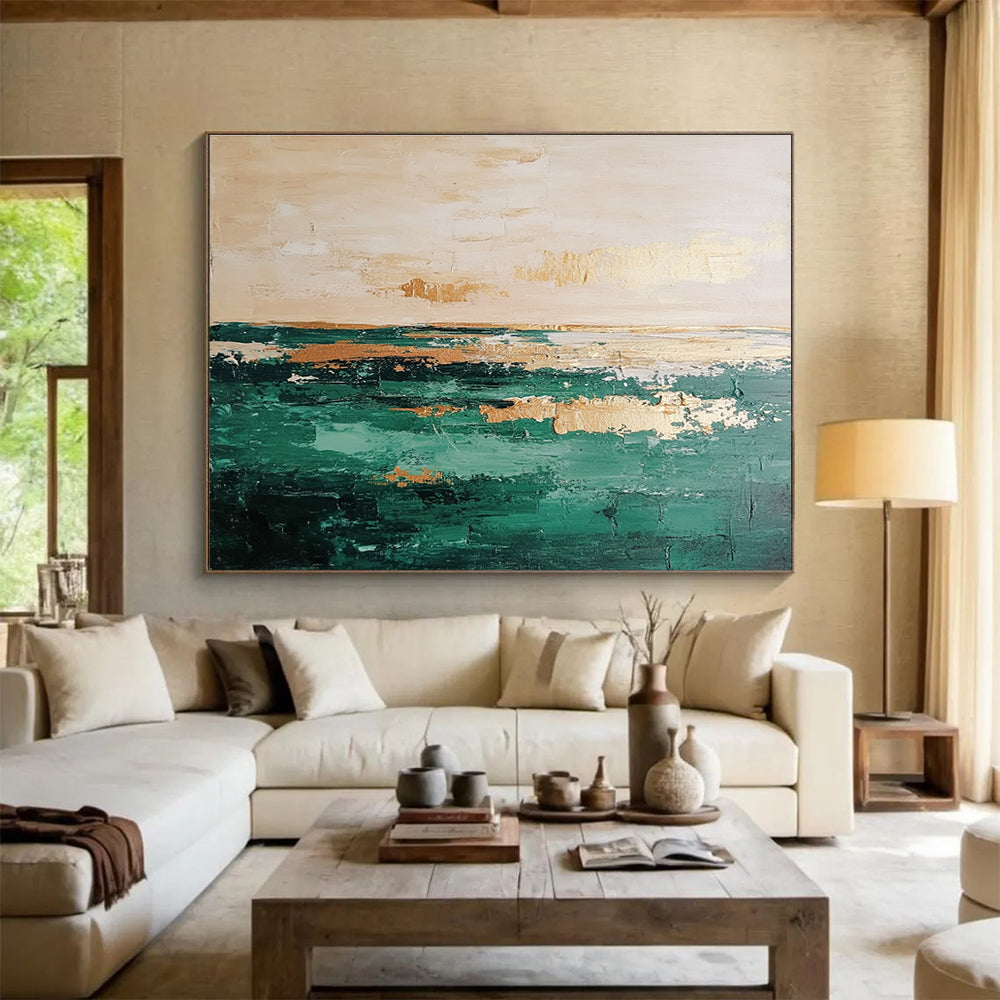 Green Sea with Gold Art for Modern Coastal Home Office & Elegant Yacht Club Lounge SC112