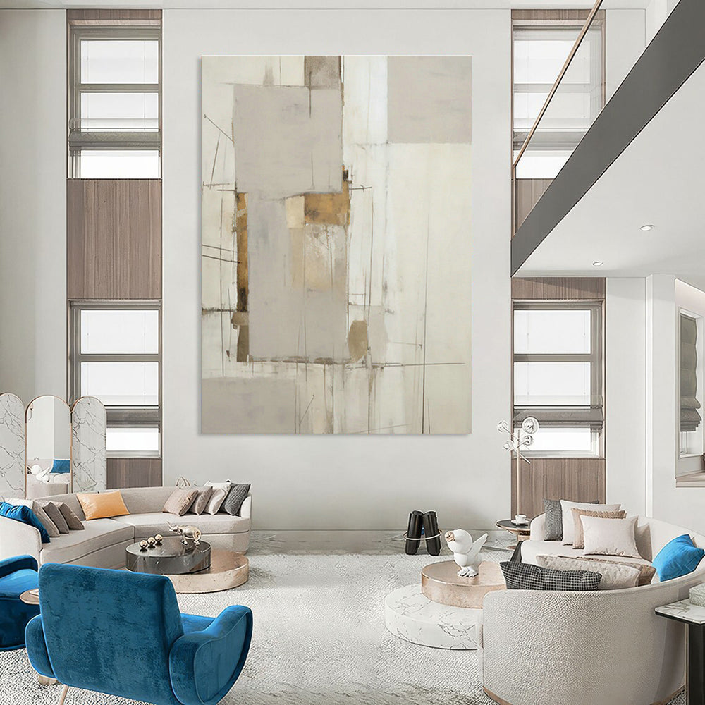 Grey - Gold Linear Abstract Art for Luxury Hotel Suite & Contemporary Home Office DLZ1323