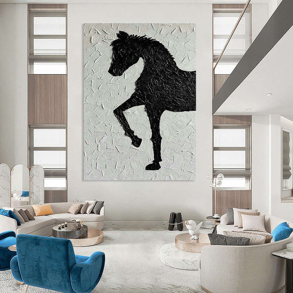 Black Horse Silhouette Textured Art for Equestrian Center & Rustic Home Office DLZ1981