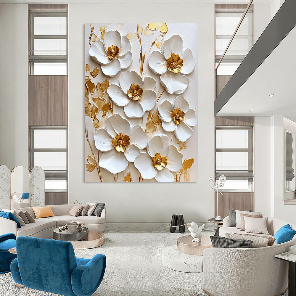 3D White Flowers with Gold Centers Textured Floral Art for Bohemian - Style Living Room & High - End Home Spa STSC1481