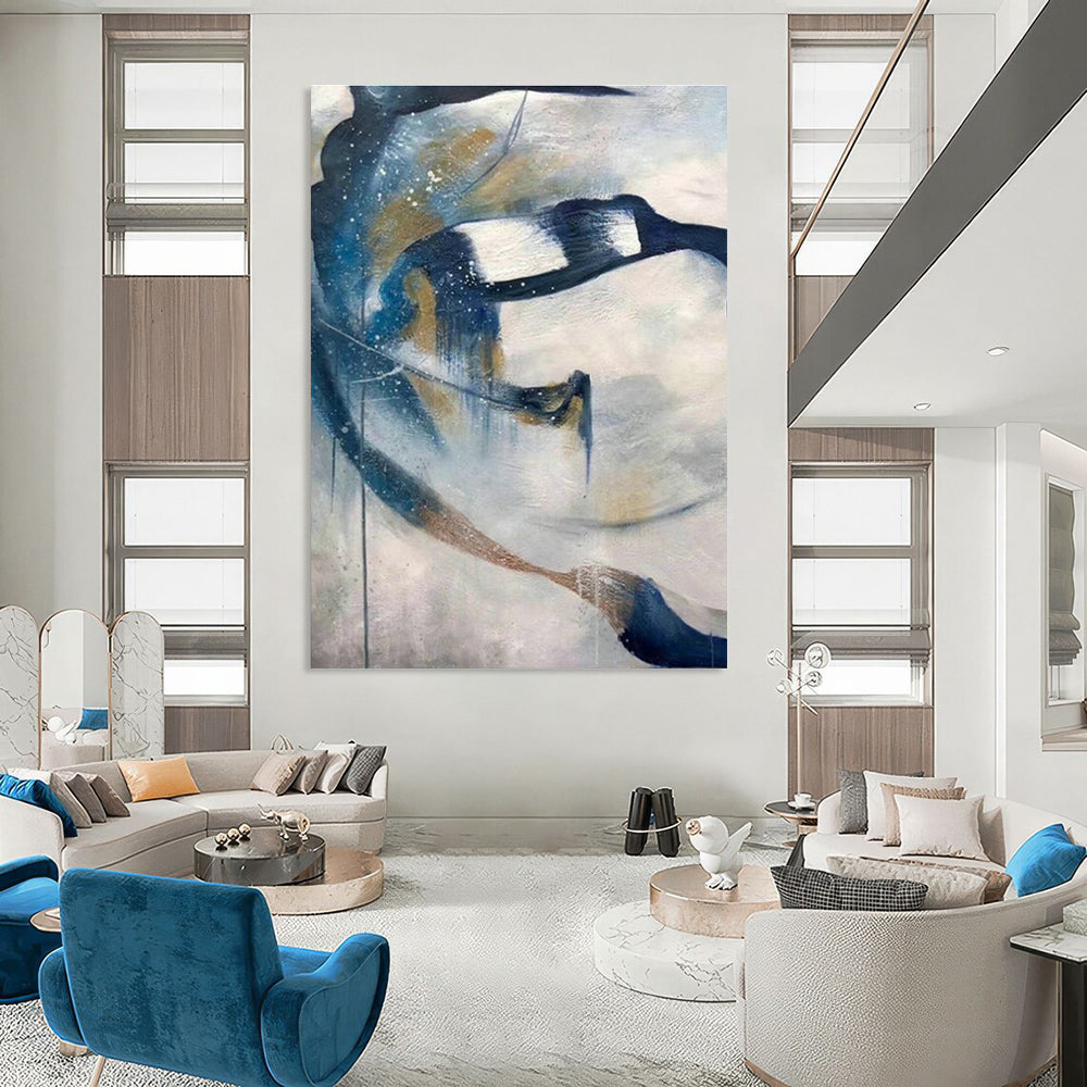 Blue - Gold Splash Abstract Art for Living Room & Office DLZ0490