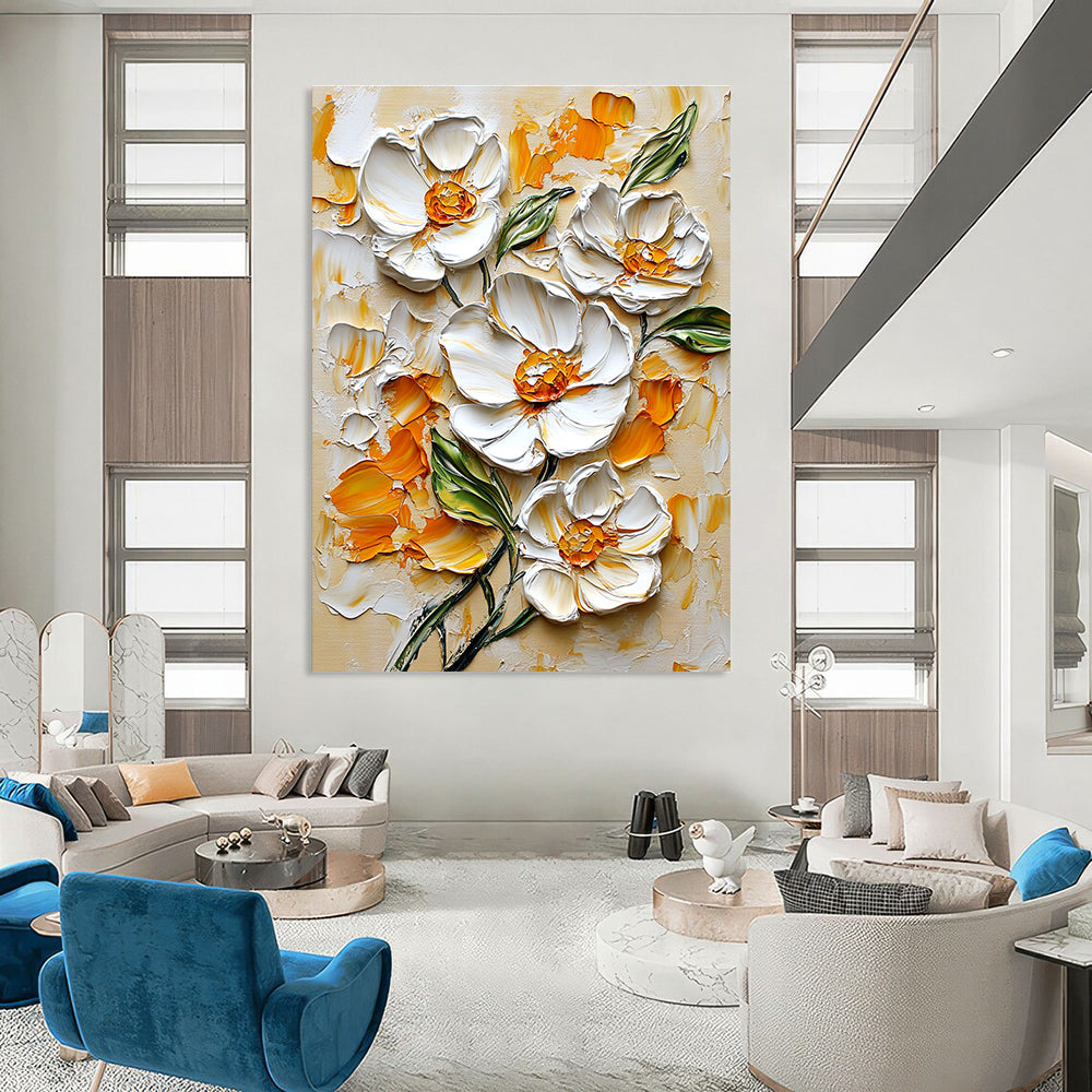 Textured White Flowers Art for Floral - Themed Spa & Elegant Dining Room STSC1397