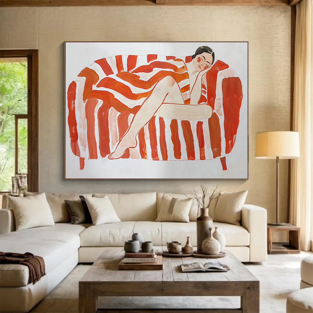 Orange - Stripe Sofa Resting Figure Art for Mid - Century Modern Living Rooms DLZ2610