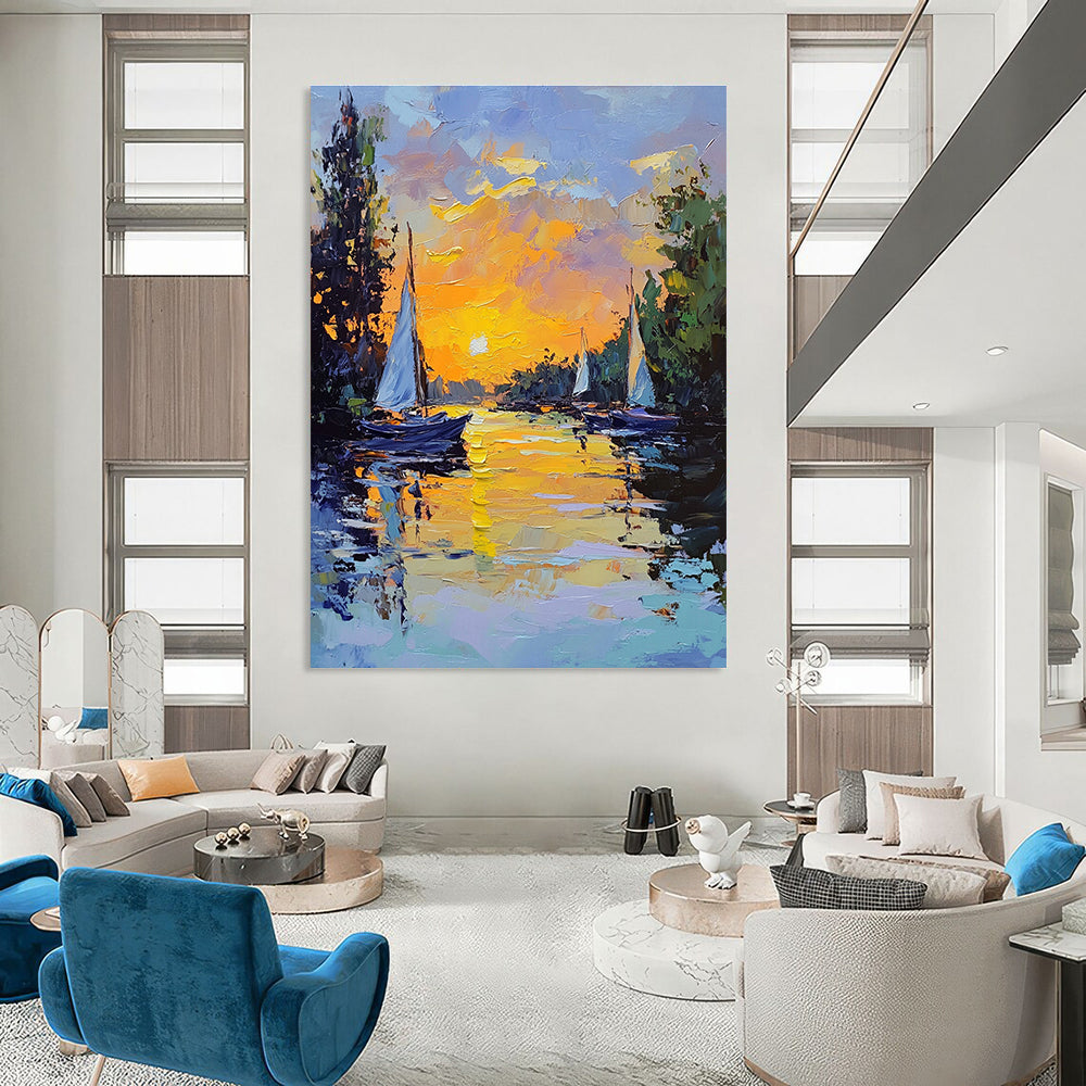 Sunset Sailboats on River Art for Riverside Restaurant & Relaxing Home Balcony STSC1419