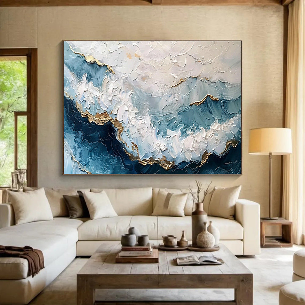 Blue - Gold Ocean Wave Abstract Art for Relaxing Bathroom DLZ2731