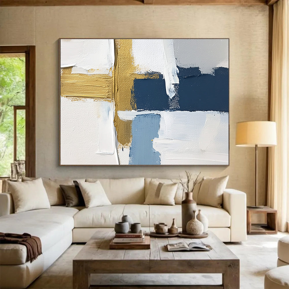 Blue - Gold Abstract Collage Art for Nautical - Themed Home Office & Upscale Seaside Bar SC267