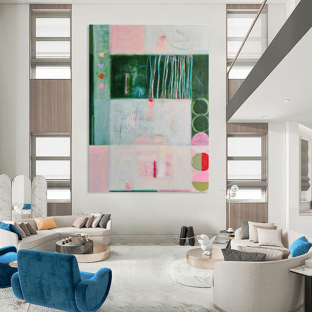 Pink - Green Geometric Art for Eco - Friendly Café Walls DLZ0145