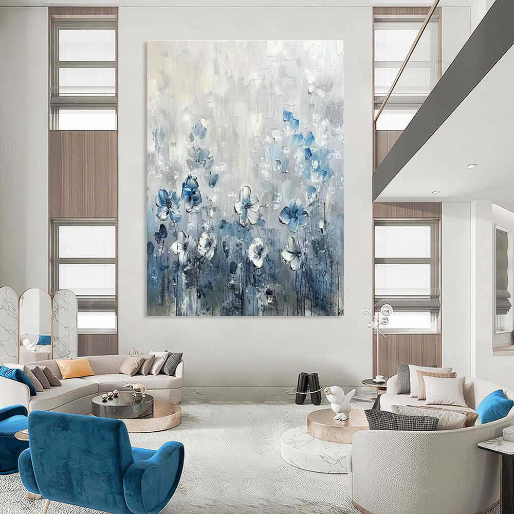 Blue and White Flower Oil Painting for Romantic Bedroom & Floral - Themed Café DLZ1988