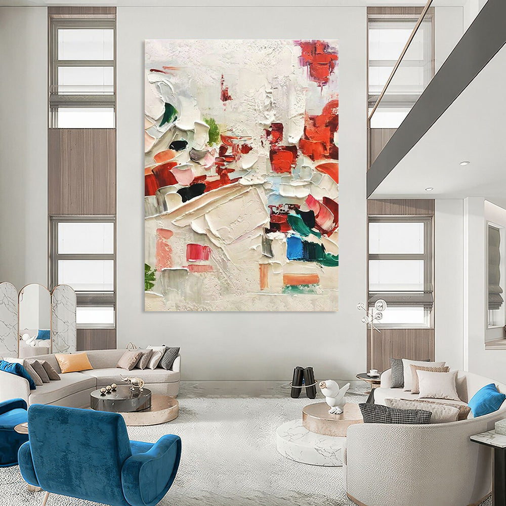 Red - White Thick - Painted Abstract Art for Avant - Garde Restaurant & Dramatic Home Dining Room DLZ1608