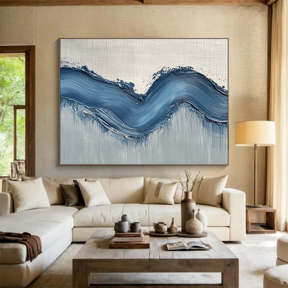 Thick Blue Wave on Gray Art for Nautical - Themed Café & Modern Hallway SC453