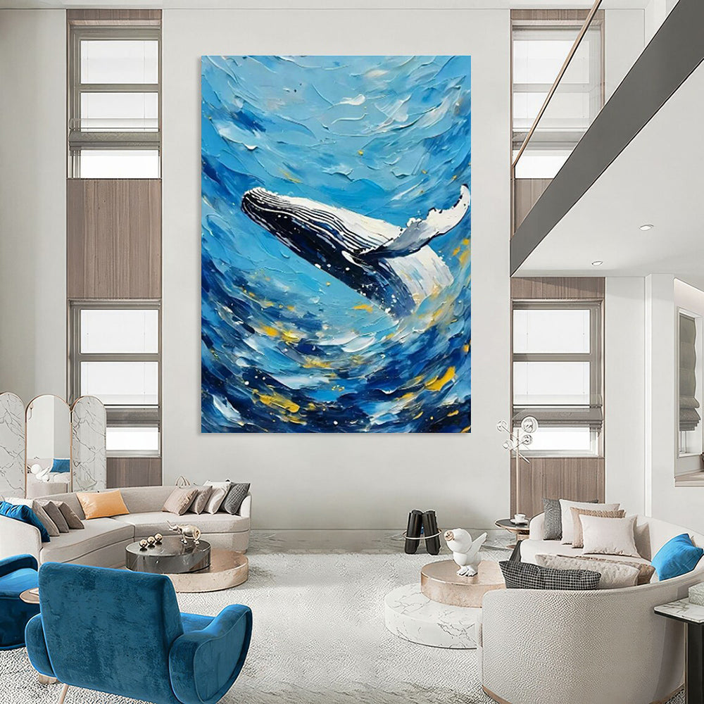 Blue Sea Whale Oil Art for Coastal Home Living Rooms & Beach House Guest Suites DLZ0292