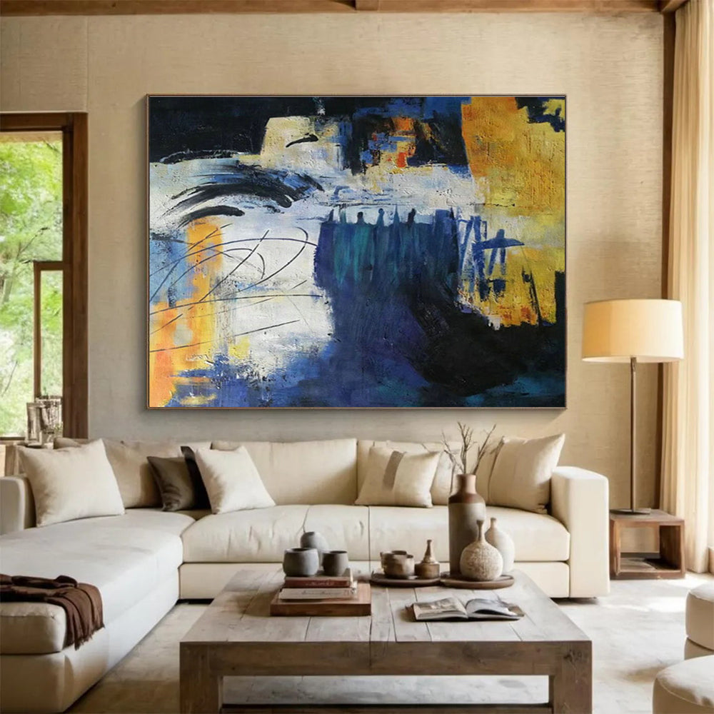 Blue - Yellow Abstract Art for Industrial - Chic Café Lounge Walls DLZ3234