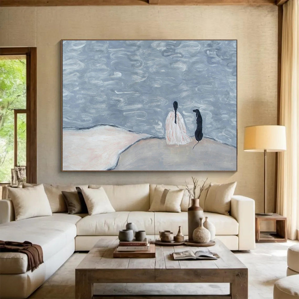 Figure and Dog by the Water Abstract Art for Serene Reading Nook DLZ2807