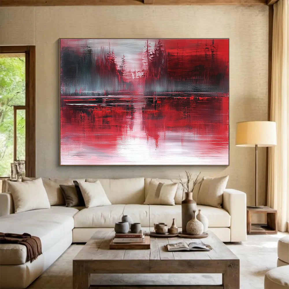 Red Forest Reflection Art for Rustic Cabin & Dark - Themed Bar SC155