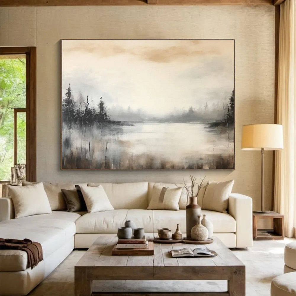Misty Forest Lake Abstract Art for Serene Bedroom Retreat DLZ2713